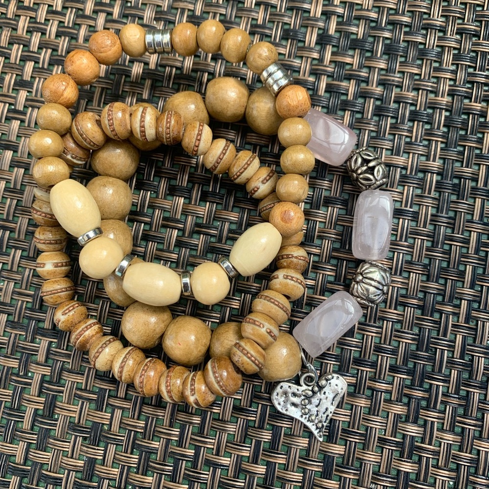 Natural Wood and Silver Heart Charm Bracelet Set